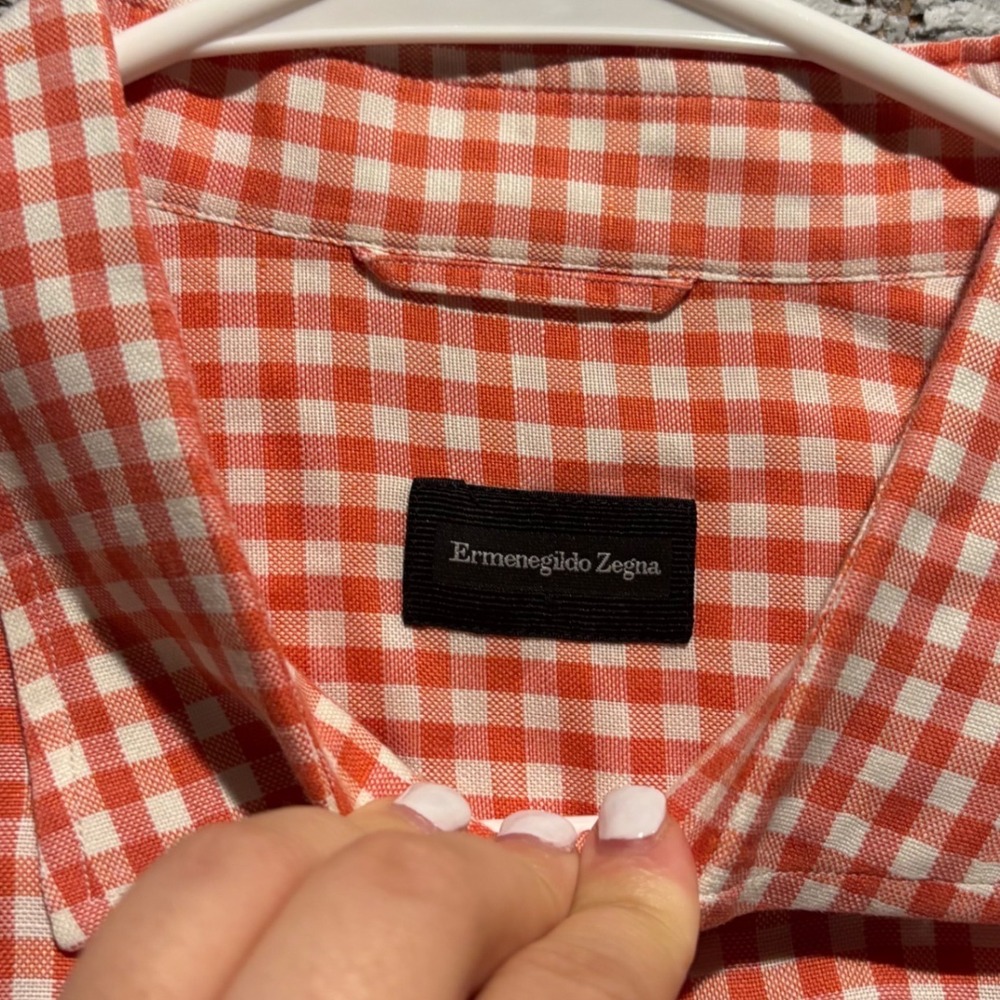 Ermenegildo Zegna Mens Orange Gingham Cotton Linen Button Down Shirt XL - Picture 5 of 9
